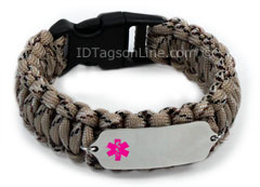 Camo Desert Paracord Medical ID Bracelet with Pink Emblem.